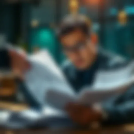 A person looking closely at various papers and documents while questioning their authenticity, representing the investigation of potential scams.