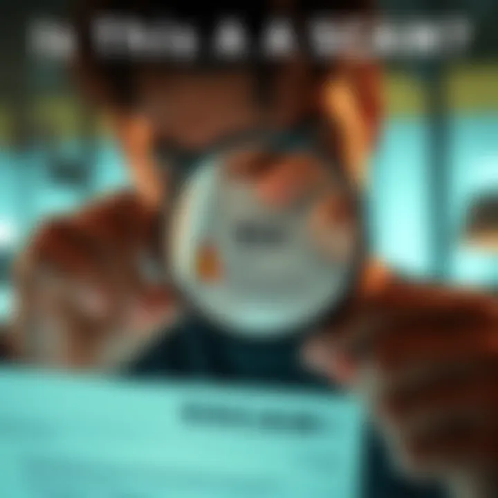 A person looking closely at an email with a questionable offer and a magnifying glass, indicating caution against scams