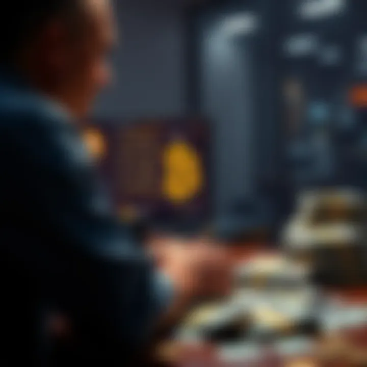 A person at a computer screen showing Bitcoin prices with cash on a table nearby