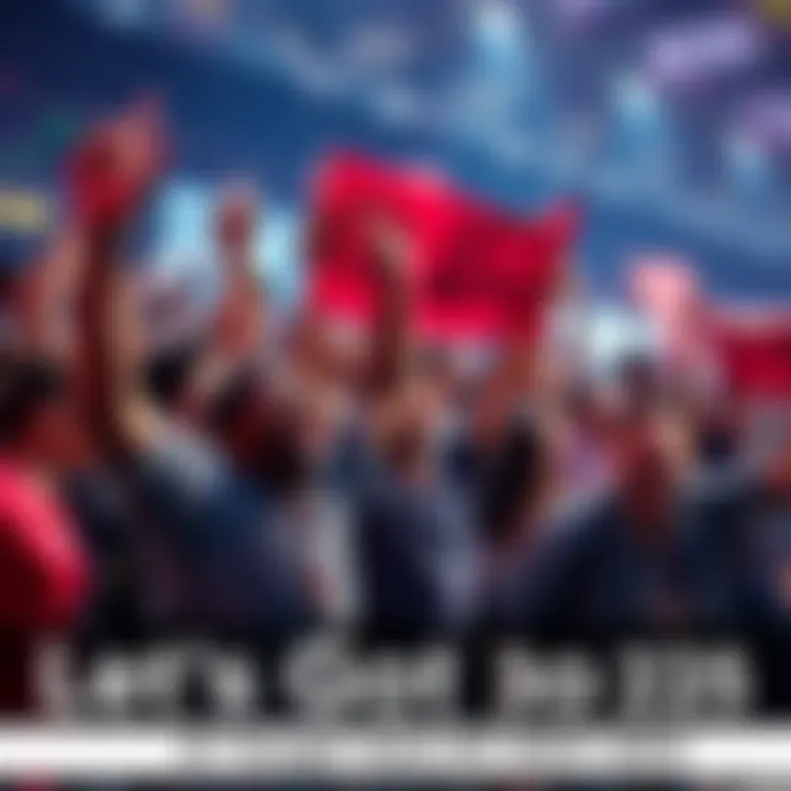 A diverse group of people cheering and holding banners celebrating a crypto target of over $1 by end of 2025.