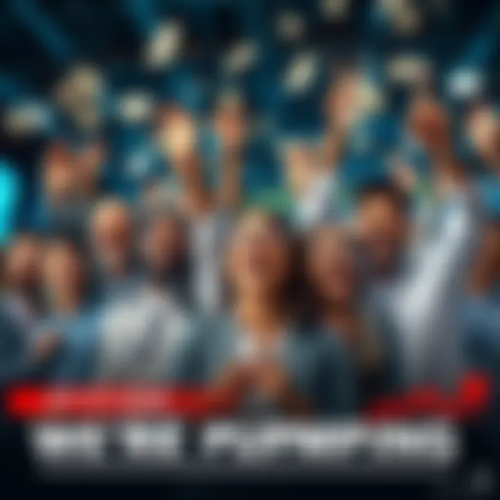 Excited investors celebrating market gains Group of diverse people joyfully celebrating with charts and money, symbolizing market excitement