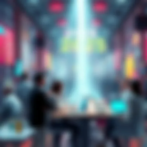 A vibrant scene depicting various technological advancements and people engaged in discussions about future developments, symbolizing the excitement for 2025.