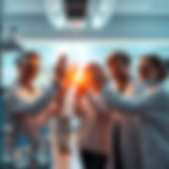 A group of scientists celebrating a major discovery with smiles and high-fives in a lab.