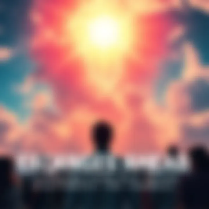 Exciting Changes Ahead People looking up at a bright sky filled with colorful clouds, symbolizing upcoming changes.