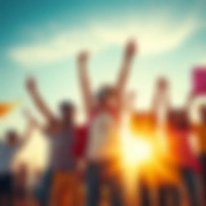 A group of young people celebrating with enthusiasm, holding banners representing new ideas and innovations, while a bright horizon showcases a promising future.