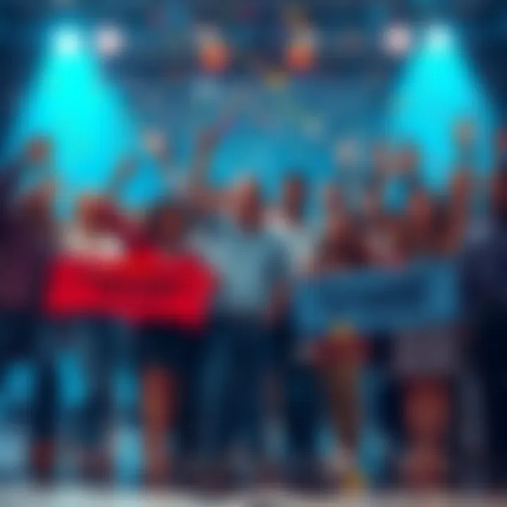 A group of diverse people celebrating together, holding banners that read 'Innovation Ahead!' and 'Change is Here!', with bright confetti falling around them.