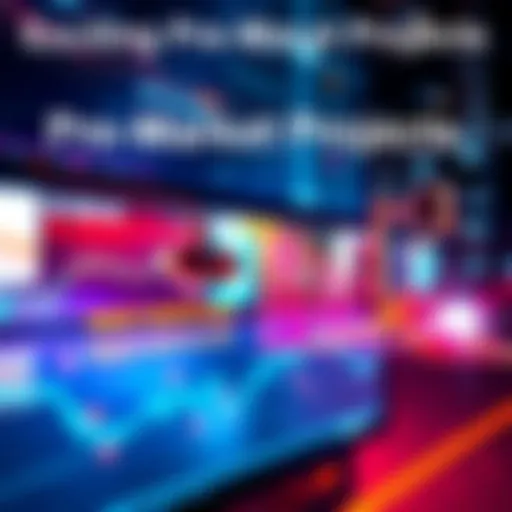 A visual representation of four innovative pre-market projects with dynamic graphics and bright colors, showcasing their potential impact on markets.