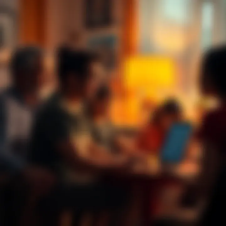 Explaining Bitcoin to Family A person sitting with family members, using a laptop to explain Bitcoin with charts and simple visuals on the screen.