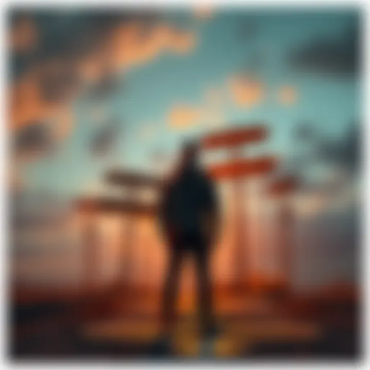 A person standing at a crossroads, looking at signs pointing in different directions, symbolizing choices and new opportunities.