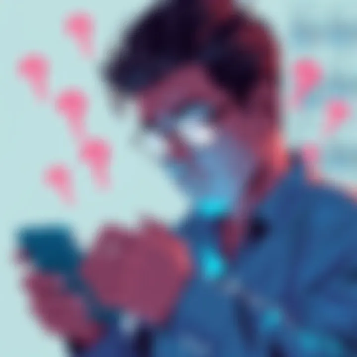 A person examining social media posts on a smartphone, while looking skeptical, surrounded by question marks and check marks.