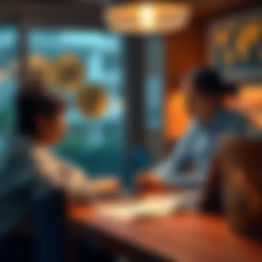 A person explaining Bitcoin to a disinterested family member at a kitchen table, with a laptop open showing cryptocurrency charts.