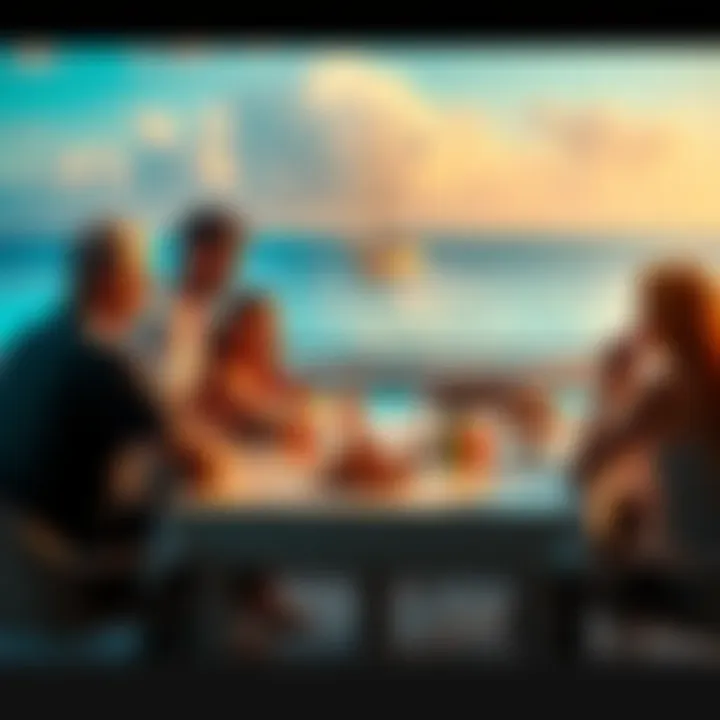 A family sitting around a table discussing cryptocurrency while on vacation, showing a mix of reactions from younger and older members.
