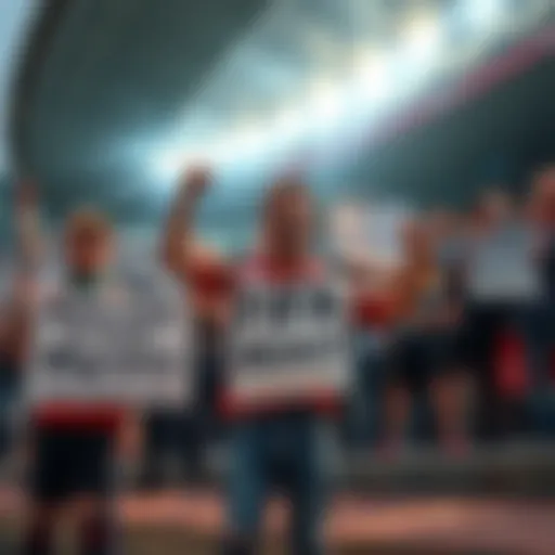 A group of frustrated football fans holding banners criticizing FIFA's handling of chain migration issues outside a stadium