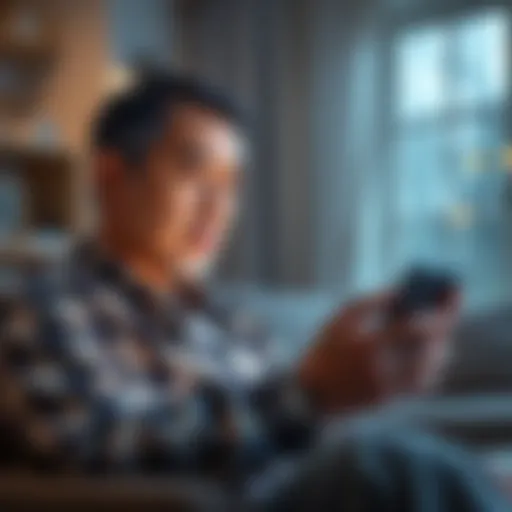 A worried father looking at his phone while sitting in a living room, contemplating government control over WiFi and cell services.