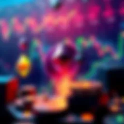 Illustration showing FG Nexus logo with Ethereum symbols and stock charts illustrating share tokenization.