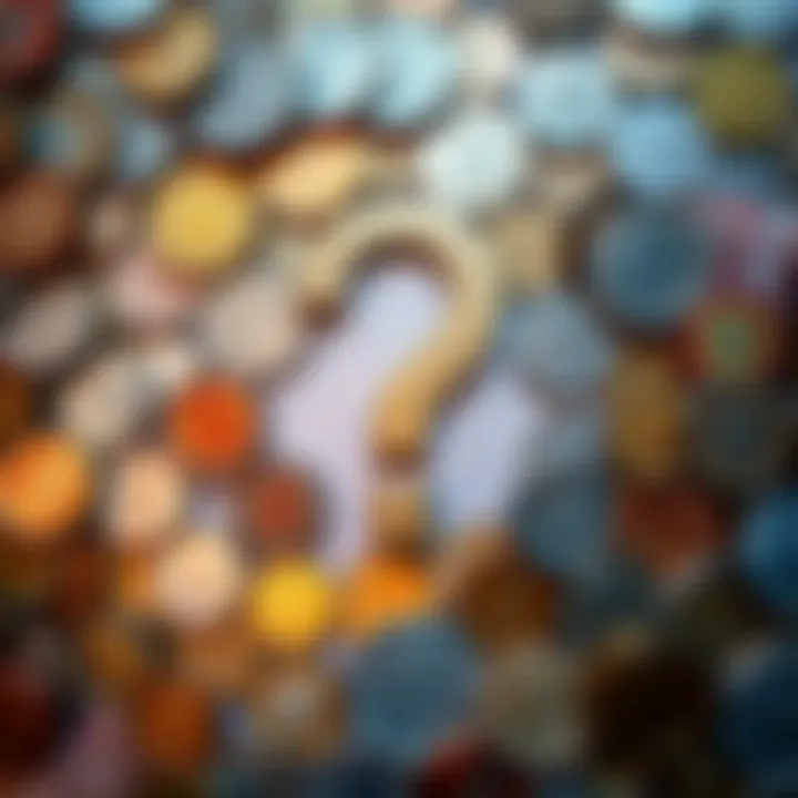 Coins and banknotes with a question mark A collection of various coins and banknotes arranged with a large question mark in the center, symbolizing doubt about the future of FIAT currency.