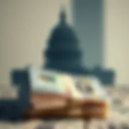 A stack of fiat currency notes with a shadow of a government building in the background, symbolizing trust and control over money.
