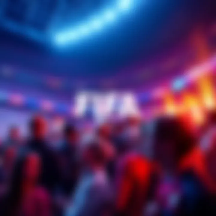A digital representation of FIFA's blockchain initiative with football fans engaging in new technology, symbolizing connection and transparency.