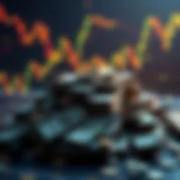 A graphic depicting a pile of money with a backdrop of falling stock market charts, symbolizing ongoing financial struggles.