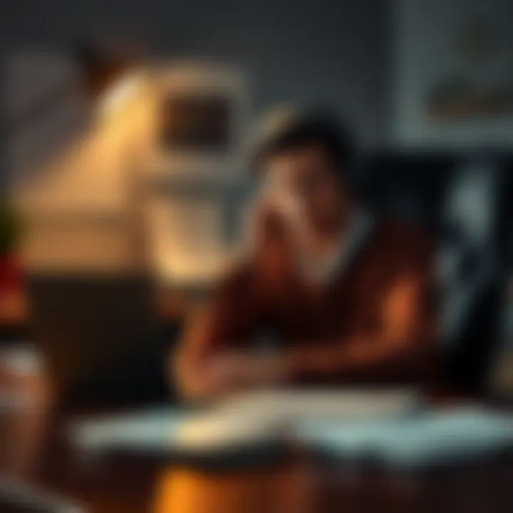 A person sitting at a desk with a worried expression, looking at charts on a laptop, surrounded by notes about crypto and debt.