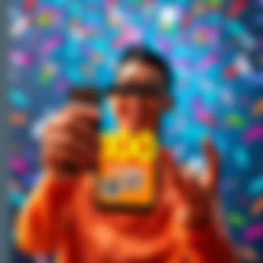 A happy first-time buyer holding a digital wallet on a smartphone displaying 100 hbars, with a celebratory background of confetti and vibrant colors.