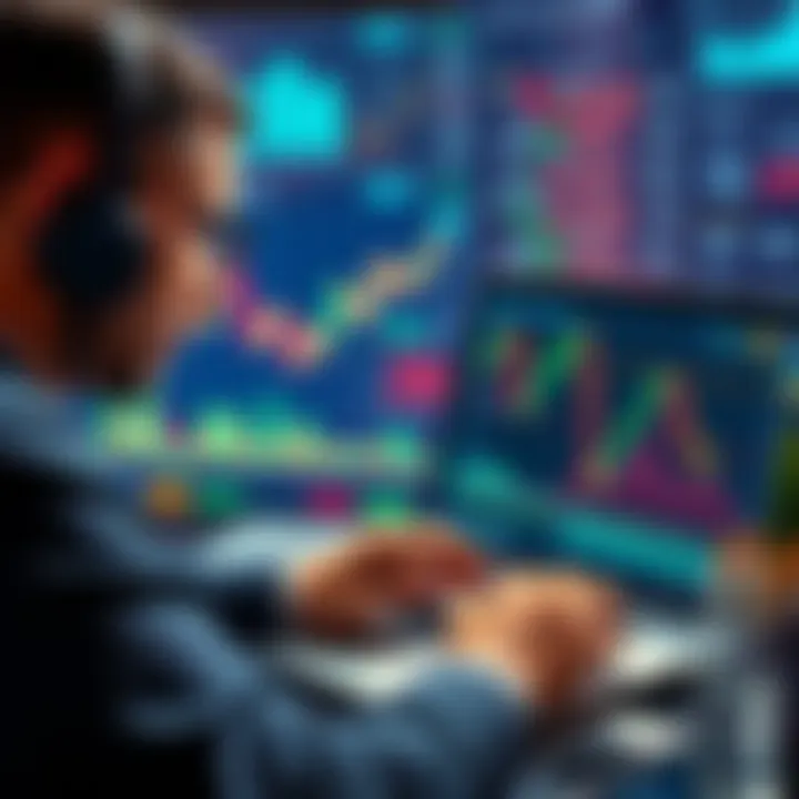 A person analyzing Flare network investment strategies on a laptop with financial charts and graphs in the background.