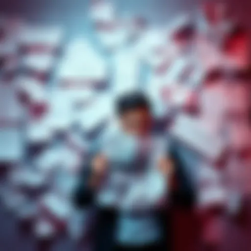A person looking frustrated while holding a failed project plan, surrounded by crumpled papers and a wall displaying unsuccessful concepts.