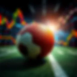 A football with stock market graphs and charts in the background, showing the relationship between football events and stock prices.