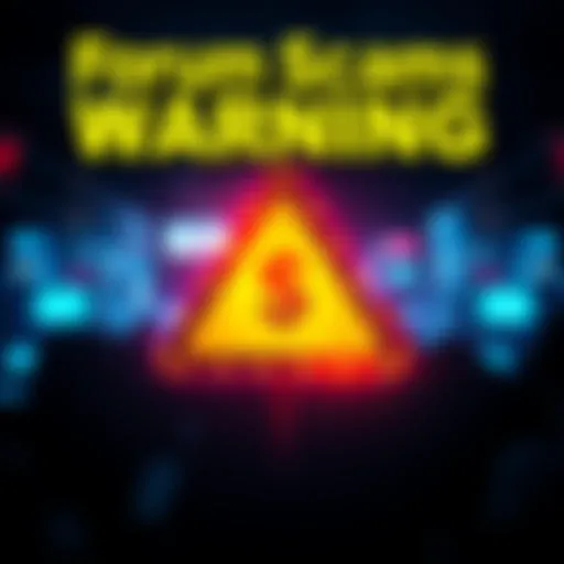 A graphic showing a warning sign with a dollar symbol, representing scams on forums.