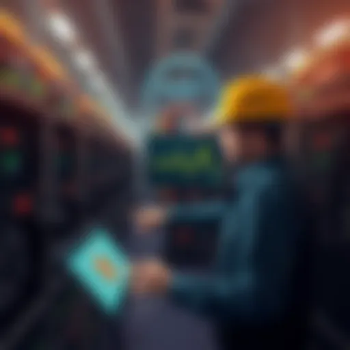 A miner looking at a screen displaying fluctuating yield results for Fractal Bitcoin, surrounded by SHA256 mining machines.