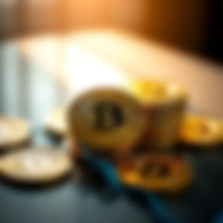 A close-up of shiny gold bitcoins stacked on a table with sunlight reflecting off them, symbolizing new opportunities in cryptocurrency.