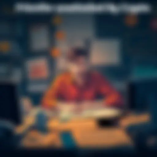 A person sitting at a desk, looking stressed while surrounded by multiple cryptocurrency wallets and charts, showing frustration over managing assets.