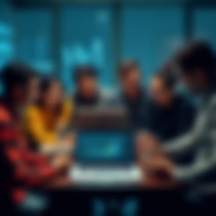 A group of twelve friends discussing and planning their joint crypto investment account, with charts and graphs displayed on a laptop in front of them.