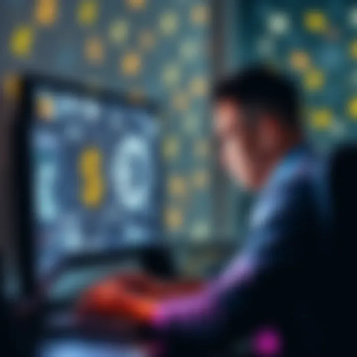 A person looking worried while checking a computer screen displaying a frozen cryptocurrency wallet, with currency symbols in the background.