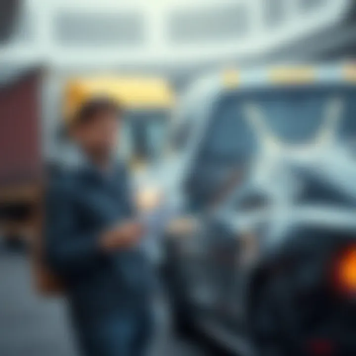 A frustrated buyer waiting near a car delivery truck with a look of disappointment, holding papers about shipping.