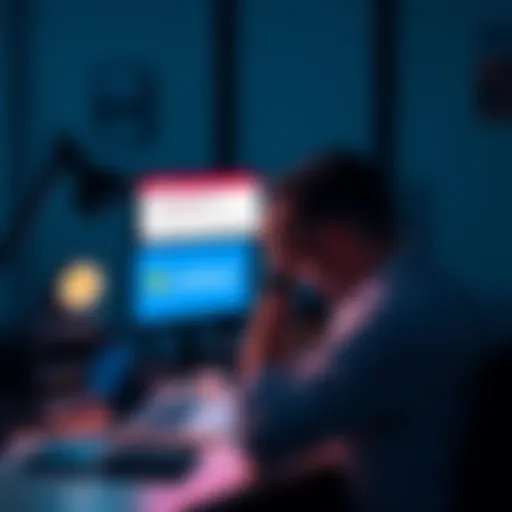 A person sitting at a desk looking frustrated, with a laptop displaying the Coinbase logo and a notice of restrictions on the screen.