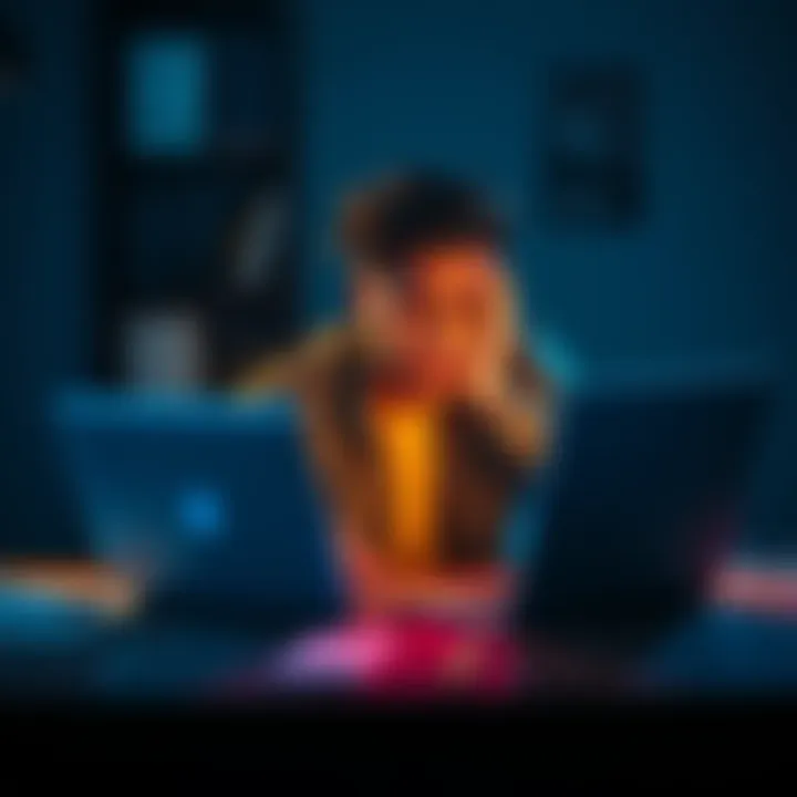 A distressed person sitting at a desk with a laptop, looking upset while reviewing restricted account issues from Coinbase.