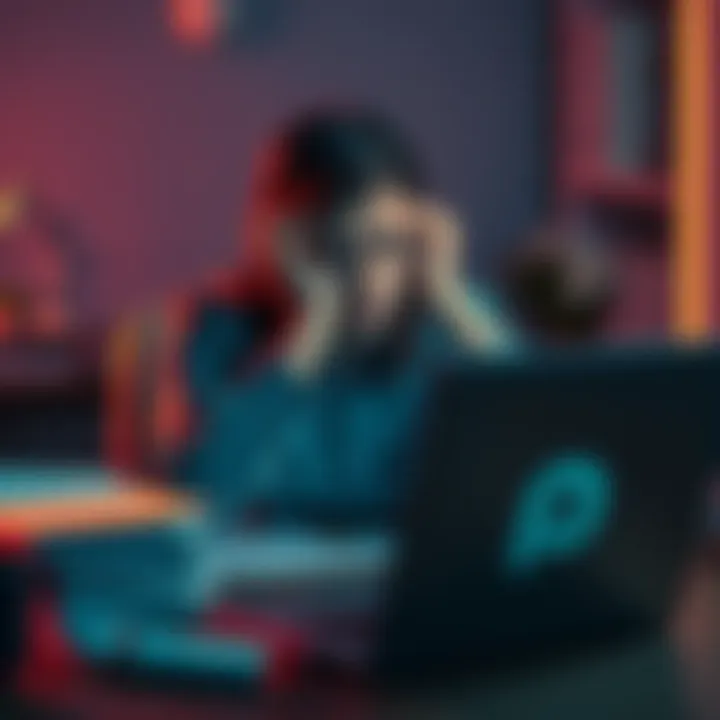 A person sits at a desk looking worried, surrounded by paperwork and a laptop showing a Revolut logo, symbolizing account issues and stress.
