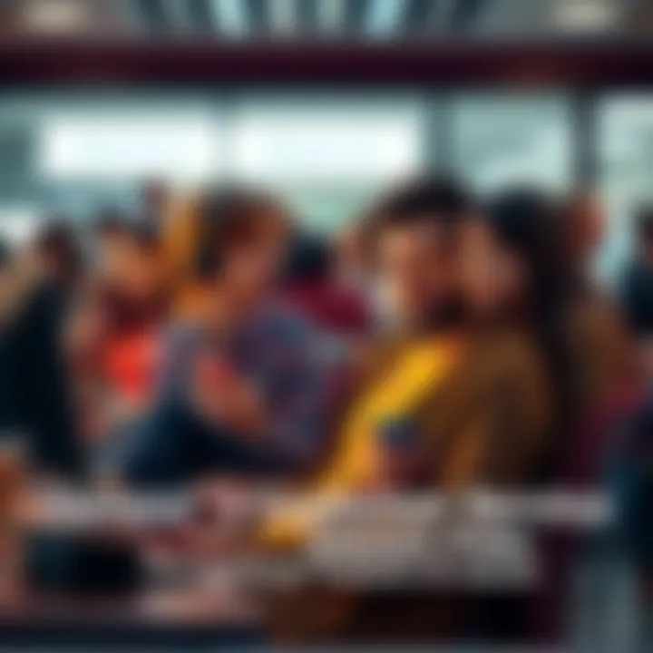 A group of frustrated people sitting in a waiting area, looking at their phones and discussing issues with customer service