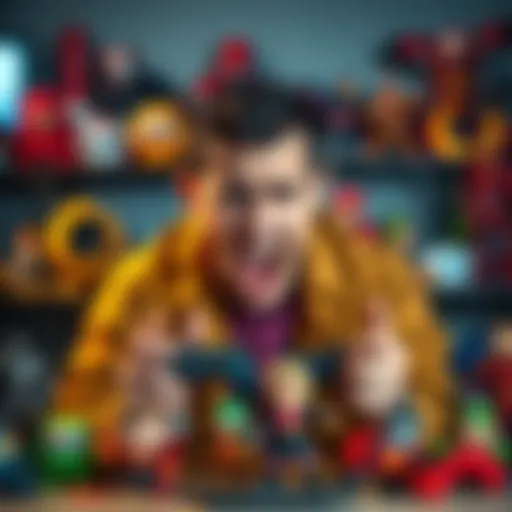 A passionate fan showing frustration while holding gaming controllers and surrounded by collectible figures.