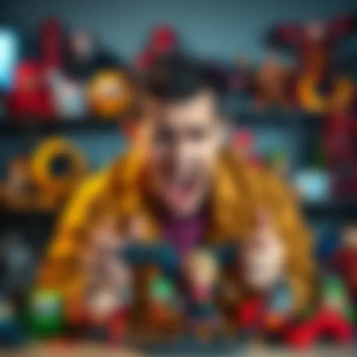 Frustrated Fanboy A passionate fan showing frustration while holding gaming controllers and surrounded by collectible figures.