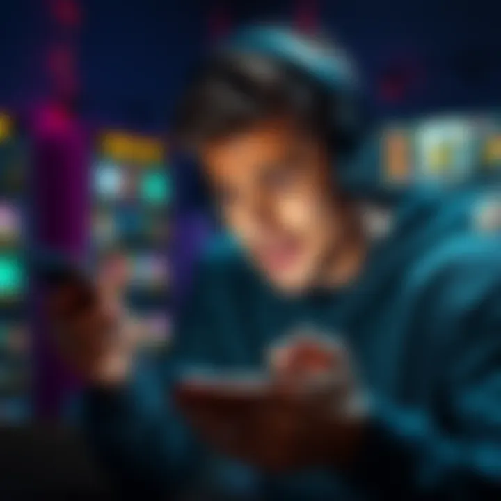 A gamer looking stressed while scrolling through app store on a smartphone, showing frustration with choices