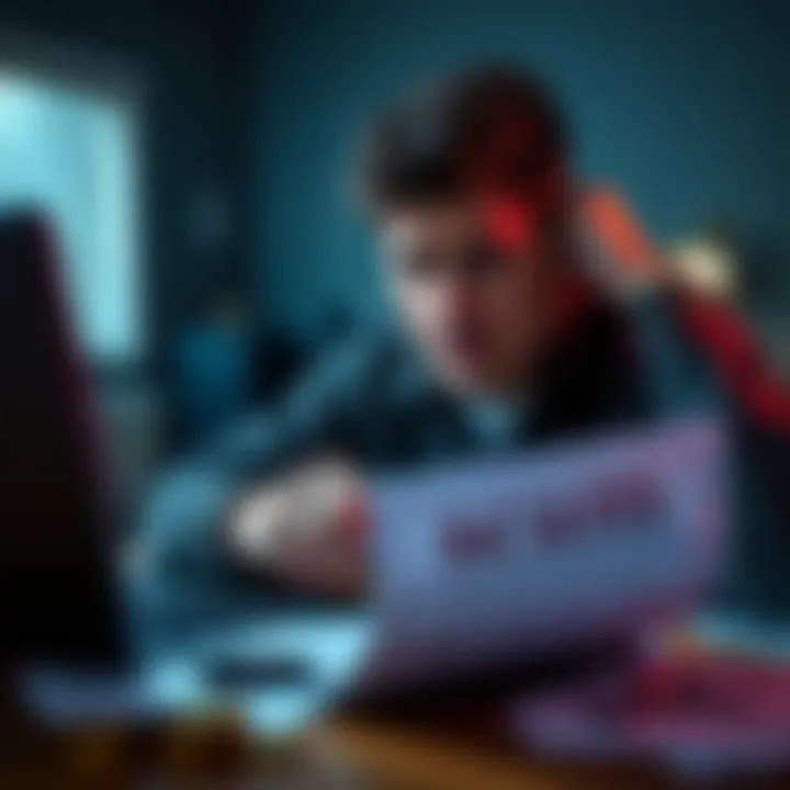 A person looking worried and confused while checking their cryptocurrency investments on a laptop. Documents scattered with the word 'scam' visible.