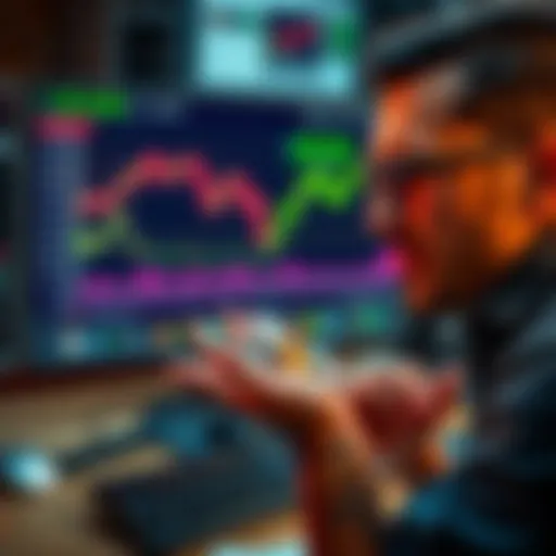 A frustrated person holding a handful of coins while looking at a computer screen displaying a prolonged investment graph, expressing their impatience over delayed returns.