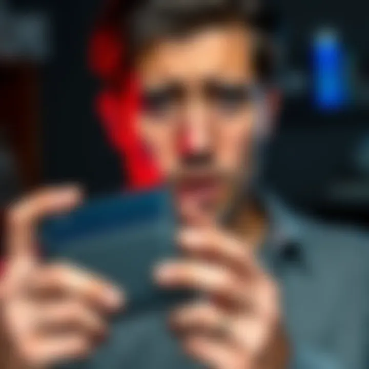 Frustrated investor with Ledger wallet A distressed person holding a Ledger wallet, looking worried about lost crypto assets.