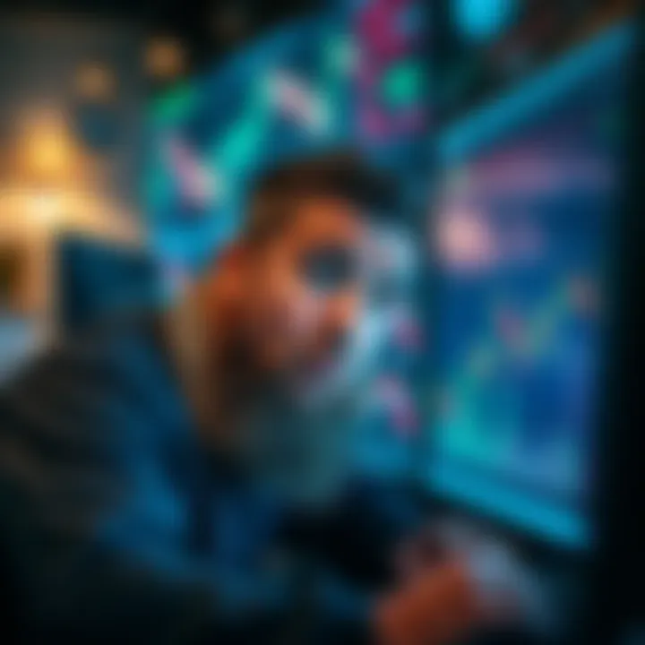 Frustrated Investor Looking at Charts An investor with a worried expression looking at financial charts on a computer screen, symbolizing frustration and impatience in the market.