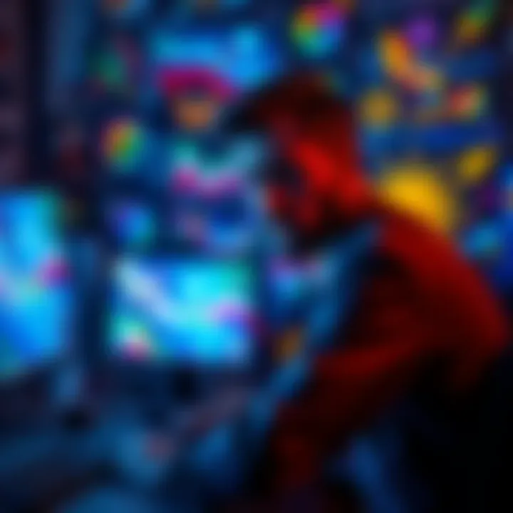 An artist looks disappointed while sitting in front of a computer, surrounded by colorful digital art pieces that can't be posted online.