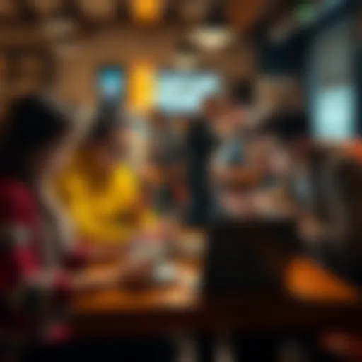 Group of people expressing frustration over an update while using laptops and smartphones in a coffee shop