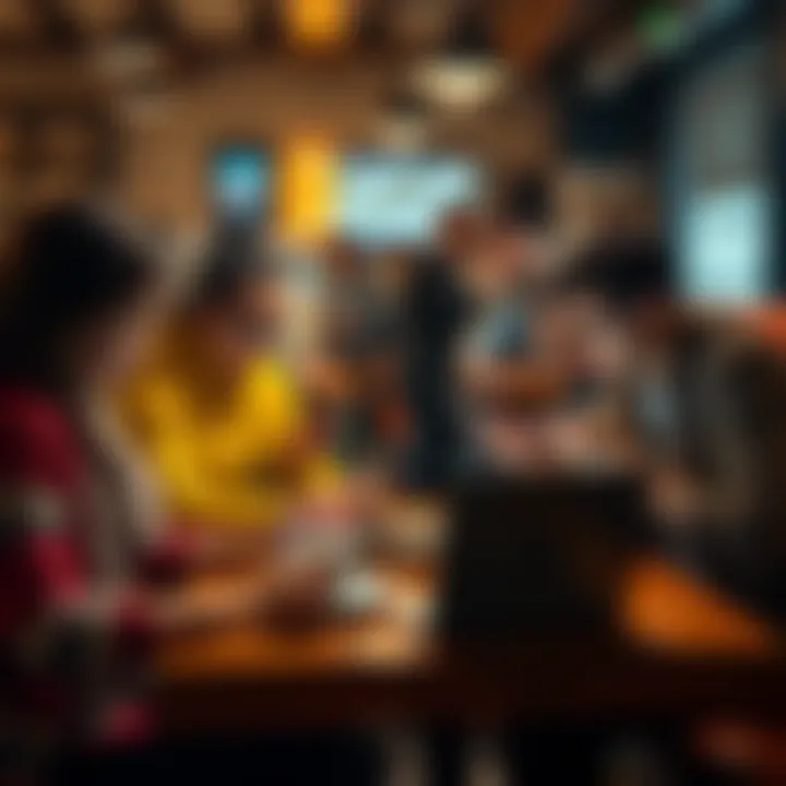 Group of people expressing frustration over an update while using laptops and smartphones in a coffee shop