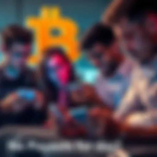 A group of frustrated people looking at their phones and discussing delayed financial payouts, with a Bitcoin symbol in the background.